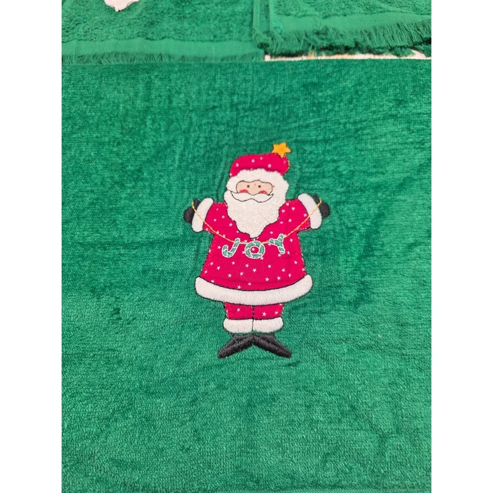 Cannon Christmas Santa Claus Green Hand Towel Set‎ 3 Piece Embroidered Fringed